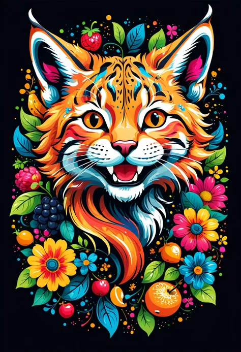 arte vetorial para  t-shirt design, of a colorful illustration of smiling little lynx, at the center, swirly vibrant colors, flo...