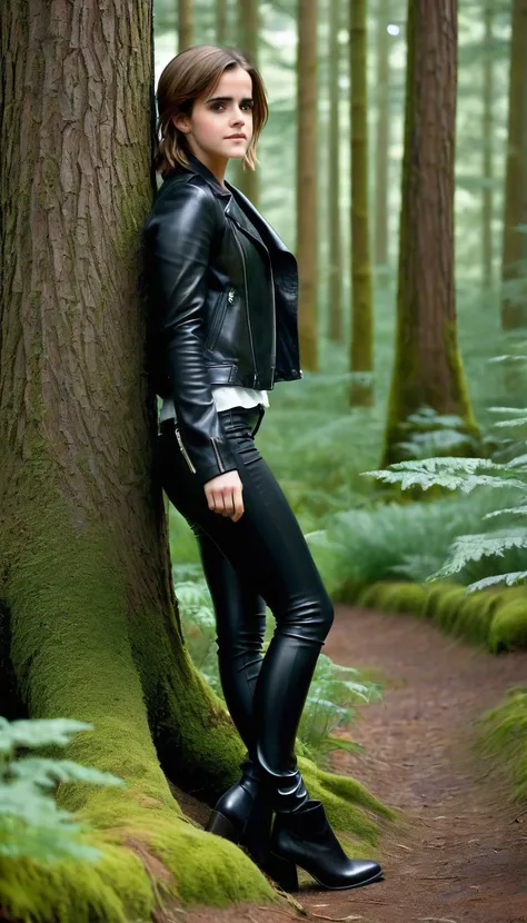 young emma watson, shiny black leather trousers and jacket, skinny body, skinny legs, forest, she leans against a tree, view from back