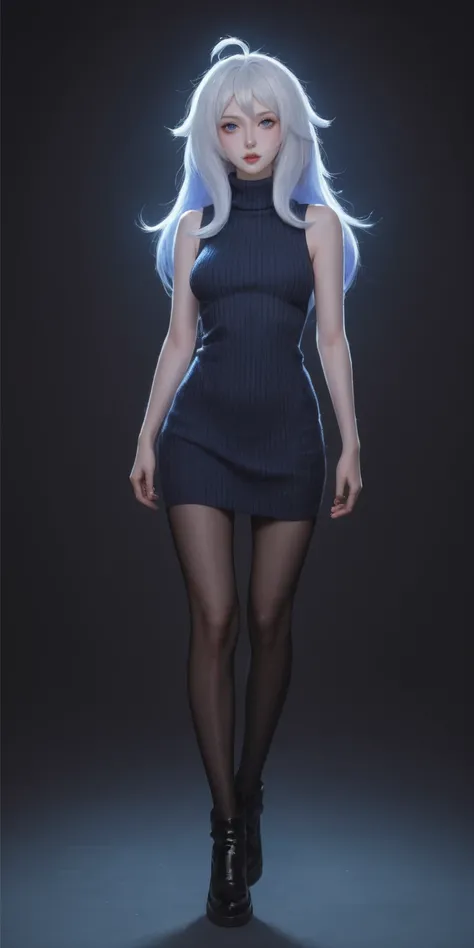 score_9, score_8_up, score_7_up, score_6_up, 
 1girl, solo,full body, Kindred (league of legends),  looking at viewer, black background, side lighting, back lighting, turtleneck sweater, realistic, sleeveless, makeup, glowing,