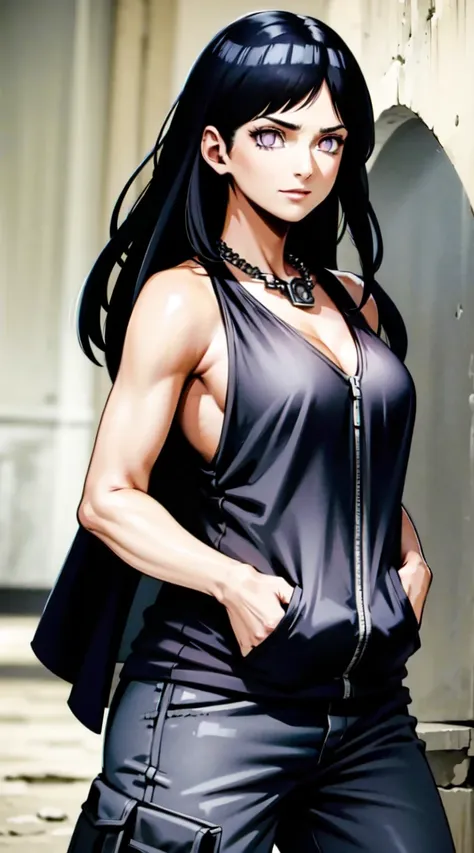 masterpiece,stunning realistic,best quality,sharpness,sharp face,smil，Rot im Gesicht sein，Photo of the upper body
black long hair，purple eyes,big ,tanktop,cargopants with many pockets,black cloak,silver necklace,silver chain,black gloves