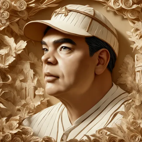 papercarving, portrait of babe ruth, baseball player, solo, best quality, (masterpiece:1.2), high quality, highres, (hyper detai...