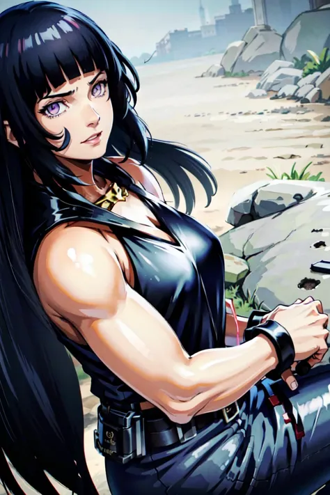 masterpiece,stunning realistic,best quality,sharpness,sharp face,smil，Rot im Gesicht sein，Photo of the upper body
black long hair，purple eyes,big ,tanktop,cargopants with many pockets,black cloak,silver necklace,silver chain,black gloves