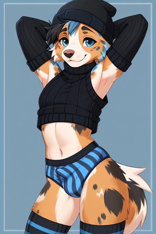 ((SFW)) ((18, cute, furry, Australian Shepherd dog boy femboy wearing blue thin panties with a bulge that are almost pulled down, black beanie, blue and black striped croptop sweater with tops of shoulders exposed, and black and blue striped thigh-high soc...