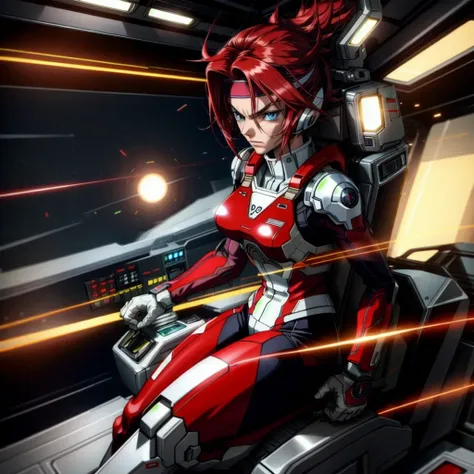 kallen stadtfeld, blue eyes, headband, red hair, pilot suit, angry, arms visible, hands visible, legs visible, feet visible brea...