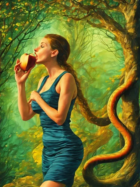 a woman (eva) eating a apple, with a snake in the background im paradies