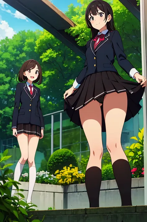 (Three Women:1.5)　,Dark Brown Hair,Black Hair,（Nose Brush:1.7） ,Surprised,smile,(school uniform),（Panties in full view:1.7),(Extremely high quality),（mini skirt）,nature,garden,Shiny legs, Thighs,Cute face,（Looking up from below）,tall,squat,Wet and see-thro...