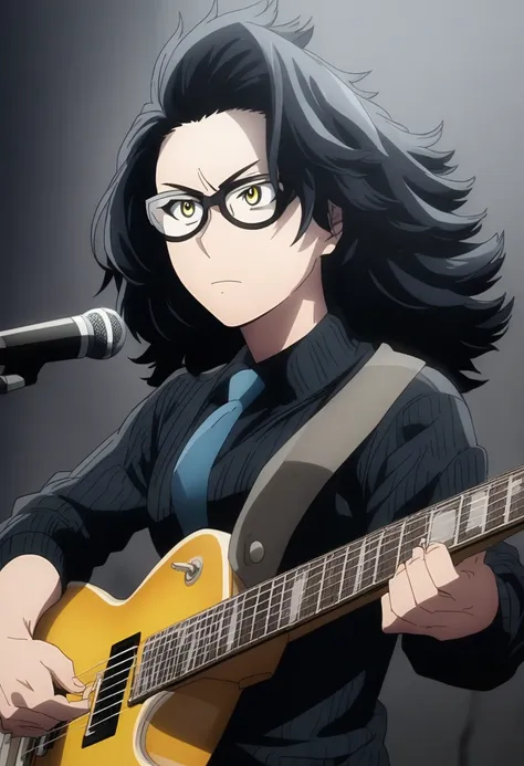 screenshot my hero academia boy with medium short wavy hair, half black hair and half blue tired yellow eyes,black long-sleeved ...