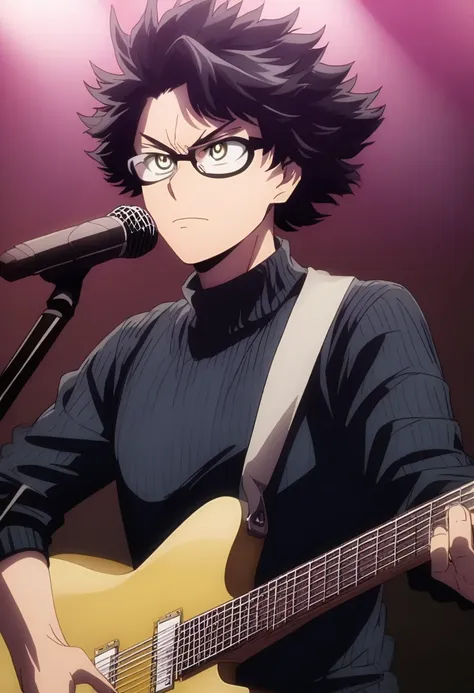 screenshot my hero academia boy with medium short wavy hair, half black hair and half blue tired yellow eyes,black long-sleeved ...