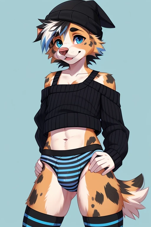 ((SFW)) ((18, cute, furry, Australian Shepherd dog boy femboy wearing blue thin, low panties with a bulge, black beanie, blue and black striped croptop sweater with tops of shoulders exposed, and black and blue striped thigh-high socks, best quality)) ((ab...