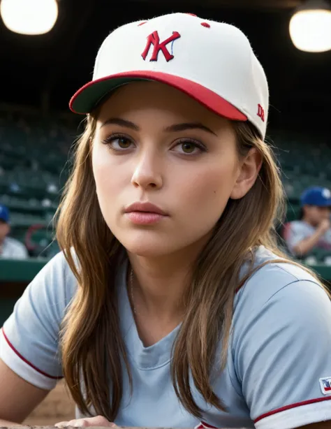 photorealistic portrait of a young woman in a baseball cap, chewing tobacco and sitting in a baseball dugout, detailed facial features, highly detailed, sharp focus, cinematic lighting, hyper realistic, 8k, masterpiece