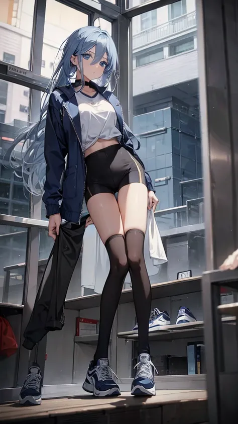 Blue delicate eyes, ,sports shoes，Black tights，Sports jacket，Hip-wrapped pants