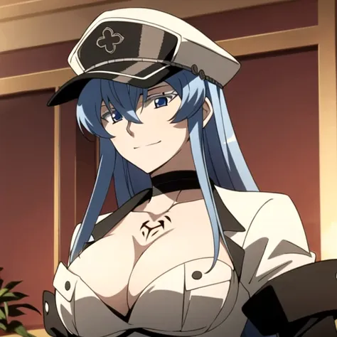 Esdeath, breasts, smile, large breasts, hat, cleavage, weapon, choker, sword, hair between eyes, uniform, military, military uniform, tattoo, peaked cap, chest_tattoo