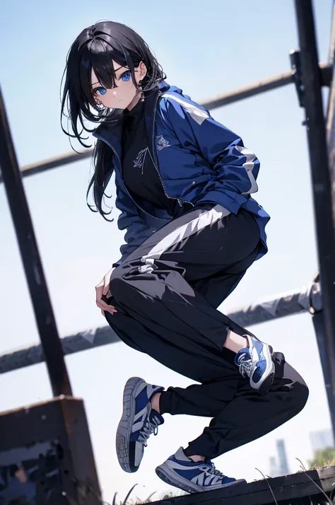 blue delicate eyes, ,sports shoes，black tights，sports jacket，hip-wrapped pants