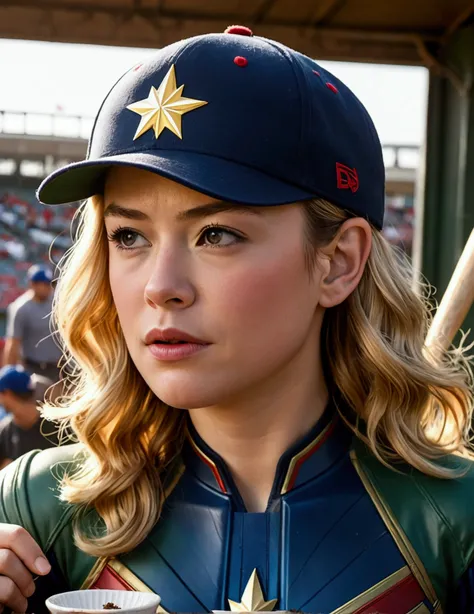 (Brea Larson, age 25, Captain Marvel, baseball cap, chewing tobacco) she is sitting in the baseball dug out spitting into a cup
