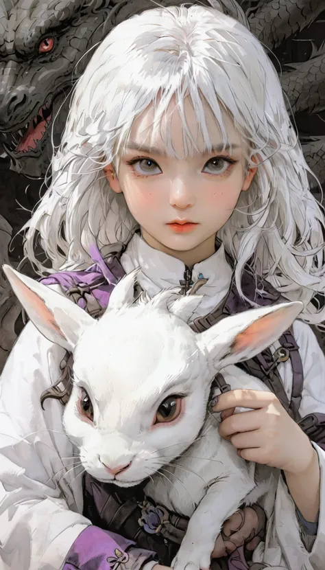 White-haired girl, child,rabbit, Half Dragon