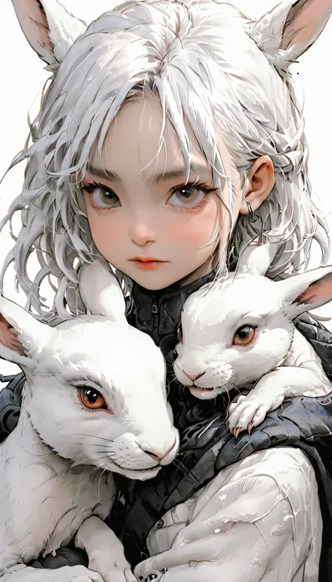 White-haired girl, child,rabbit, Half Dragon