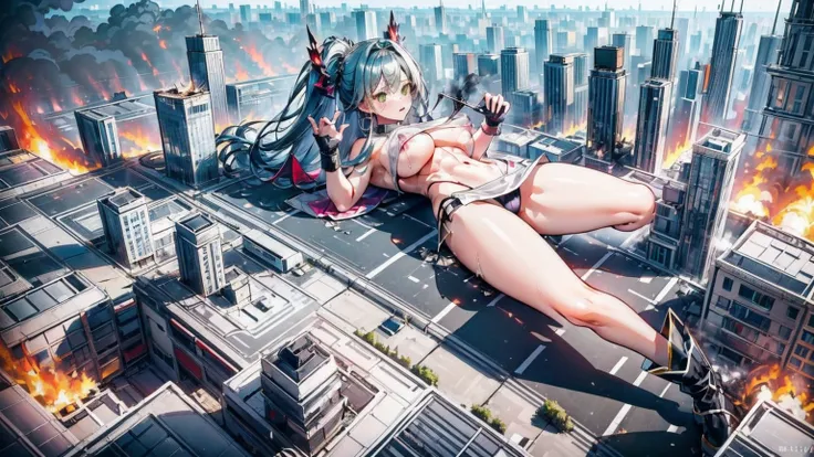 Giantess, long sexy legs, yellow hair, bikini,lying on top of destroyed buildings, city at her feet burns in flames for the destruction she has caused, tiny people climb on her body to try to defeat her uselessly. Giantess, goddess, macrophilia, curvaceous...