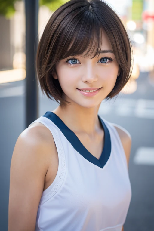 Japanese Girls、cute、Brown Hair、((Short Bob Hair、Deep blue eyes:1.2))、Shiny and smooth hair、Thick bangs、(A thoughtful smile:1.2), Very detailed顔と目,Highest quality, Ultra-high resolution,Ultra-realistic shiny skin、Very detailed, 8K, RAW Photos, Perfect Anato...