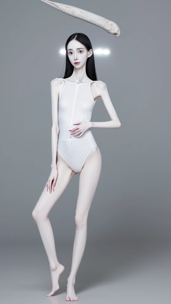 a female school teacher, very thin, pale white skin, visible bones, wet sweat, very slender body, full body figure