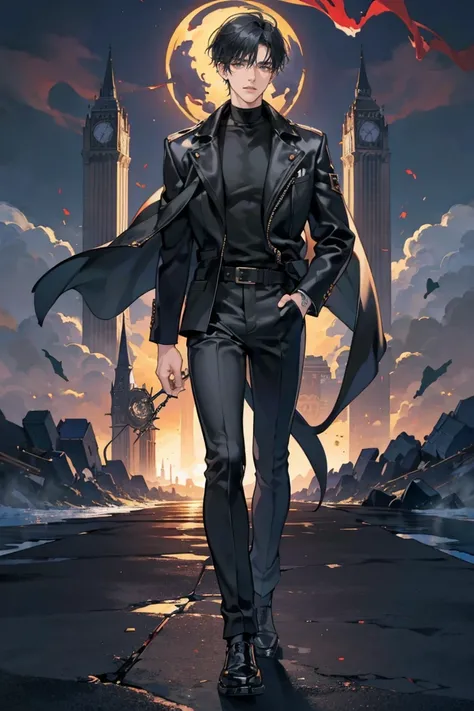 (masterpiece), best quality, seductive eyes, perfect face, handsome man, black eyes, short messy middle part black hair, long nose, plain black turtleneck, black leather jacket, black fitted pants, full body, tall man, long legs, anime cover, 1boy, ear pie...