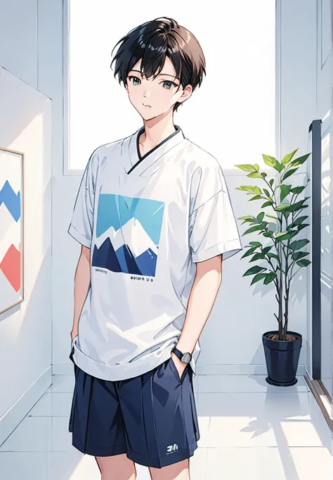 Make a Korean middle school boy in a white room with a modern art style.