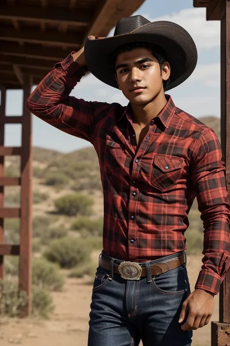 A 20-year-old Mexican boy with dark skin, black hair, Slim and muscular, dressed in jeans, a red plaid shirt and a cowboy hat 