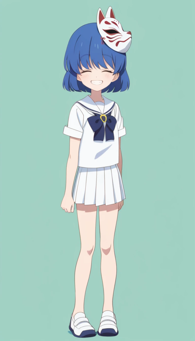 18-year-old, young girl, anime, short hair, (Japanese fox mask on his face), face is hidden by a fox mask, blue hair, full body, sailor suit, short pleated skirt, smiling, (simple background), (stand up straight), anatomically correct