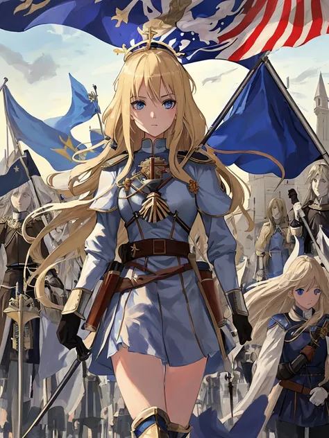 girl,blonde,long hair,blue eyes,Holy Knight,flag spear,french flag,knights behind,raise the flag in the sky,battlefield,orléans,iris