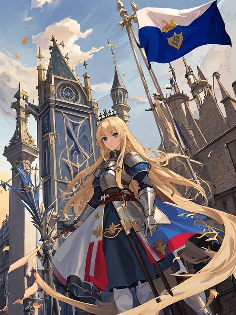 girl,blonde,long hair,blue eyes,Holy Knight,flag spear,french flag,knights behind,raise the flag in the sky,battlefield,orléans,iris