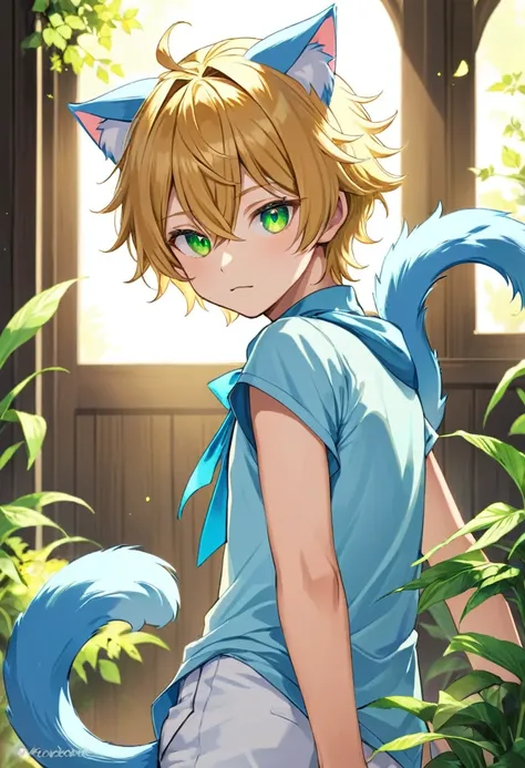 a boy with golden hair, light blue  cat ears and tail, and green eyes 