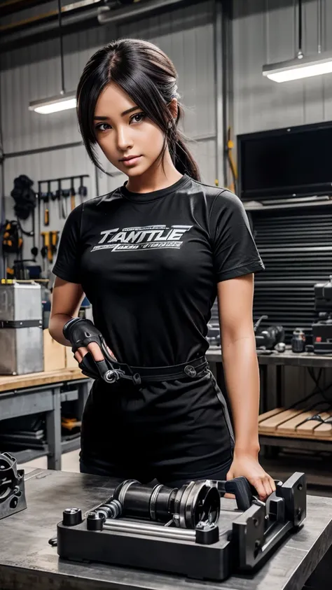 V8 twin turbo engine with black color engine block and silver headcover on a work bench with tool on side and a anime girl mechanic working on it