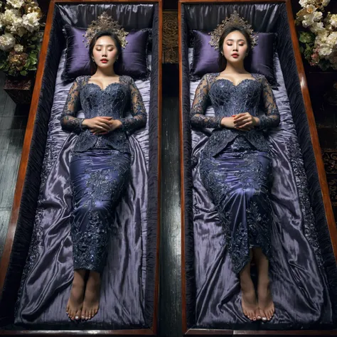 in a striking 8k hdr scene, a stunning korean woman, 22 years old, lies peacefully in a black coffin surrounded by plush pillows...