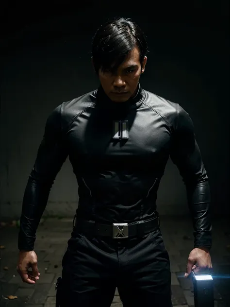 modern Indonesian superhero, darkmode, realistic, cool, named Hendra