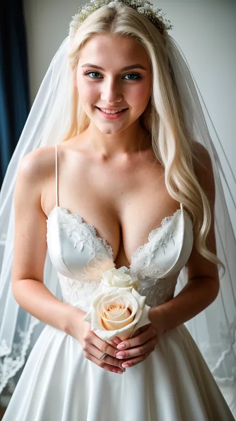 RAW photo, face portrait photo of beautiful 20 y.o woman, blue eyes, cute face, long white hair, wearing sexy wedding dress, cleavage, happy face, She held a white rose in her hand, big large breast, hard shadows, cinematic shot, dramatic lighting