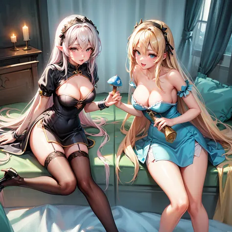 a beautiful 20 year old blonde woman with big messy hair in a blue dress, white stockings, black headband, cleavage, holding a glowing mushroom, fantasy art style, rossdraws cartoon vibrant, alice x. zhang, alice in wonderland cyberpunk, cute detailed digi...