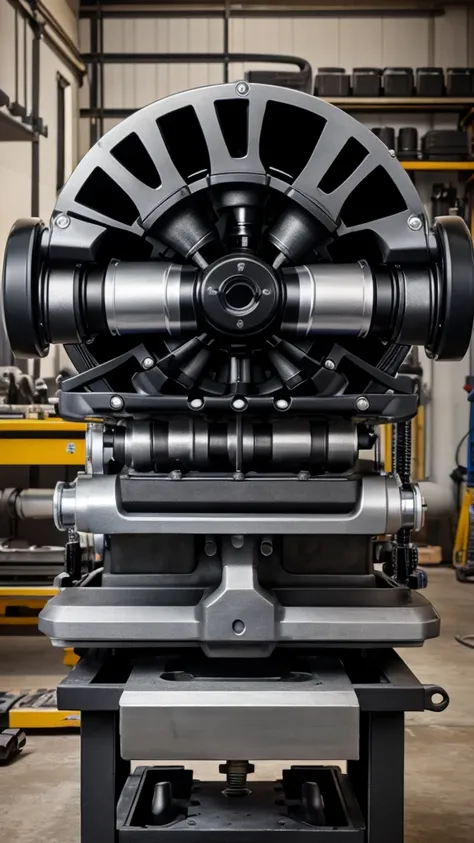 V8 twin turbo petrol engine with black color engine block and silver headcover on a work bench with tool on side