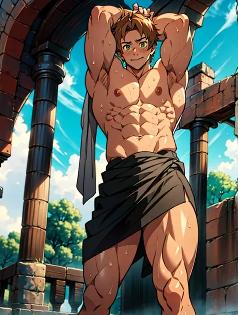 Showing off his muscular muscular back, red skin, bright red skin, the boy blushed shyly , rosy skin, shiny skin(muscular thigh muscles )( anime style, art) (photo angle from bottom up) (photo angle from the ground upwards) [Anime photo][highest quality ph...