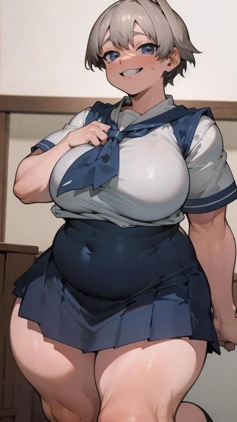 masterpiece, best quality, ultra-detailed, Potrait of beautiful , (chubby) (muscular), (plump), (sexly), (Breasts), (Plump), ((very short hair)), ((Uzaki Hana)), (overweight), (Gray Hair), ((Saggy breasts)), (blue eyes), (Short Hair), (blue eyes), ((thick)...