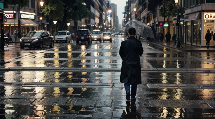 Create a clear photo of a man remembering his ex while walking on the street on a rainy afternoon