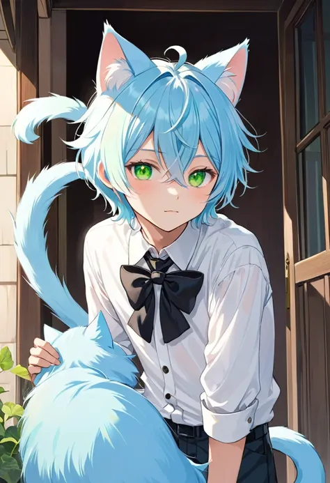 a boy with light blue hair, light blue  cat ears and tail, and green eyes 