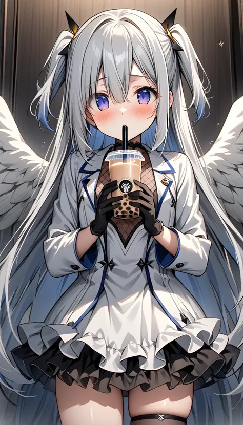 best quality,ultra detailed,extremely detailed and beautiful,perfect anatomy,perfect hands,(amane kanata)+++, angel, angel_wings, asymmetrical hair,silver hair,mesh (blue), very long hair, two side up,flat chest,(black frill dress)+,black gloves, (white ja...