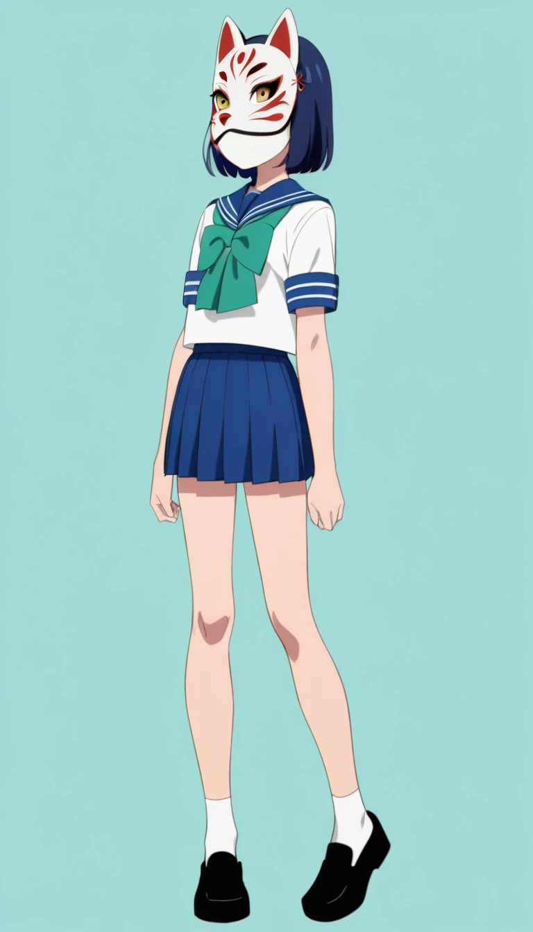 18-year-old, young girl, anime, short hair, ((His entire face is covered by a Japanese fox mask.)), BREAK blue hair, full body, sailor suit, short pleated skirt, (simple background), (stand up straight), anatomically correct