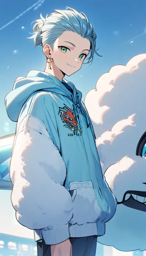 1boy,pretty,slick back soft fade light blue colour hairstyle,green eyes,cross earrings,cute face,,fluffy blue hoodie,white blazer with school logo on top, beautiful smile,standing ,blue colour dragon tattoo,skinny