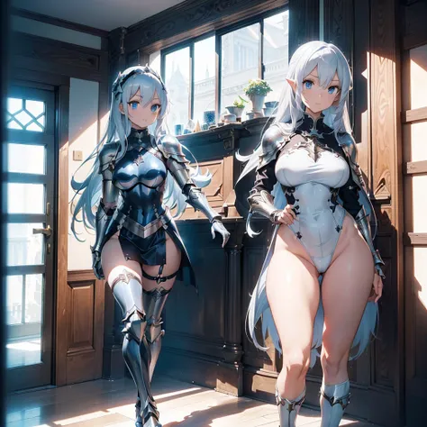 a woman in a white cape and black boots ,(((holding a long silver sword))),(((3D anime style))),extremely detailed artgerm, female knight, (((white verylong hair))),(((pritty detailed face))), (((Beautyfull detailed blue eyes))), pointy ears ,aly fell and ...