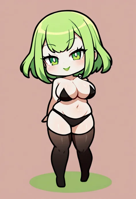 1girl with short green hair, green eyes, green lips, nude, in black underwear, big breasts, chibi style, full stand, standing, simple background, smiling