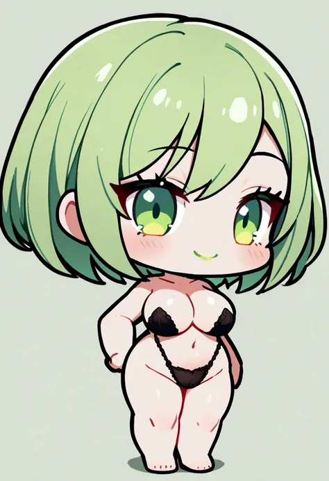 1girl with short green hair, green eyes, green lips, nude, in black underwear, big breasts, chibi style, full stand, standing, simple background, smiling