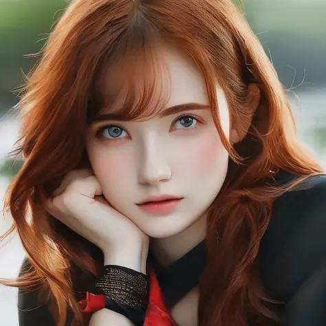 best quality, masterpiece, solo, 1girl, red hair, shirt,  red eyes, black beckground, full faces