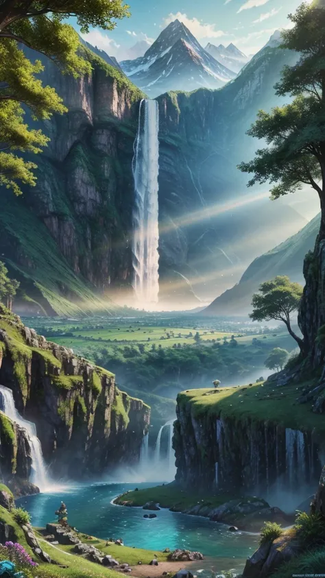 mountains with a waterfall and a few trees in the foreground, impressive fantasy landscape, an epic landscape, fantasy matte painting，cute, fantasy art landscape, most epic landscape, 4k hd matte digital painting, epic fantasy landscape, 4k highly detailed...