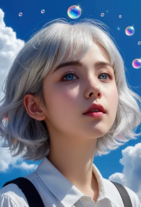 (female(Student, age 15, JK, short floating silver hair, cosmic colored eyes, black , pale skin, tired face without shine in the eyes) is looking at the sky), beautiful sky, beautiful clouds, colorful summer flowers bloom here and there, (Crystalline bubbl...