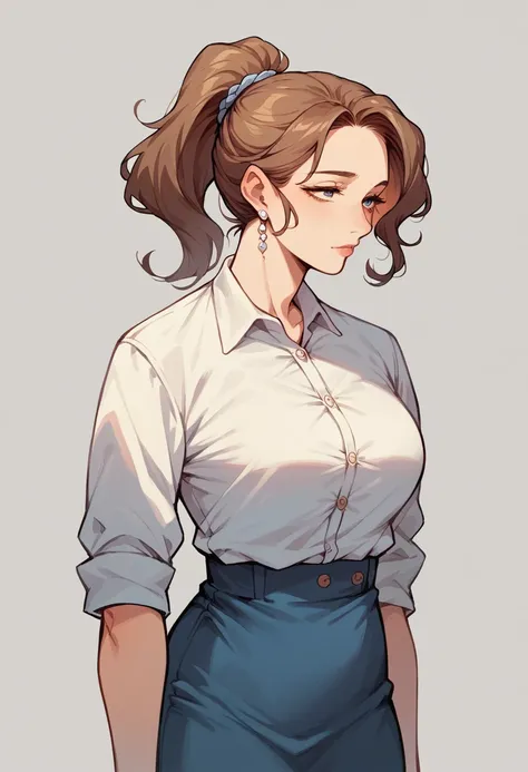 lovely young face,adult,coquettish,mature,simple outfit,elegance,ponytail hair ,skirt, shirt,kabedon